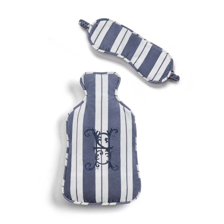 Seferî Ottoman Stripe Dream Set Hot Water Bottle & Sleep Mask - White/Blue