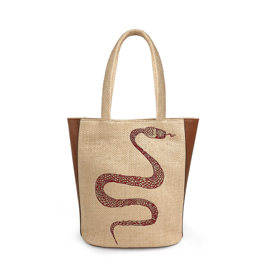 Snake Embroidered Beach Bag - Beige/Red