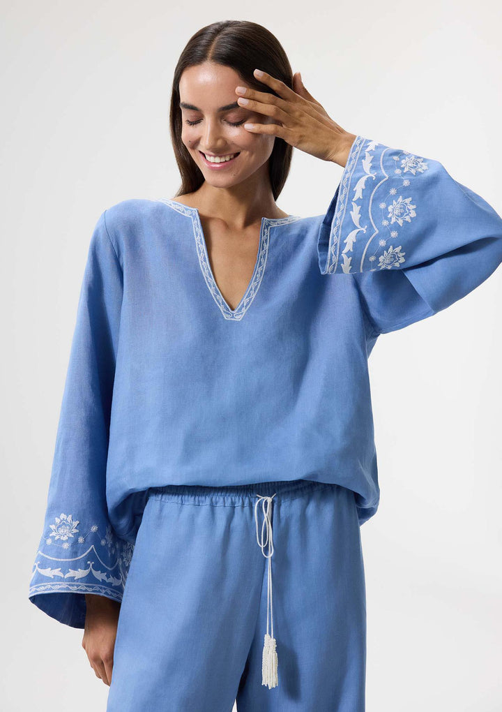 Bloom Embroidered Pants - Blue