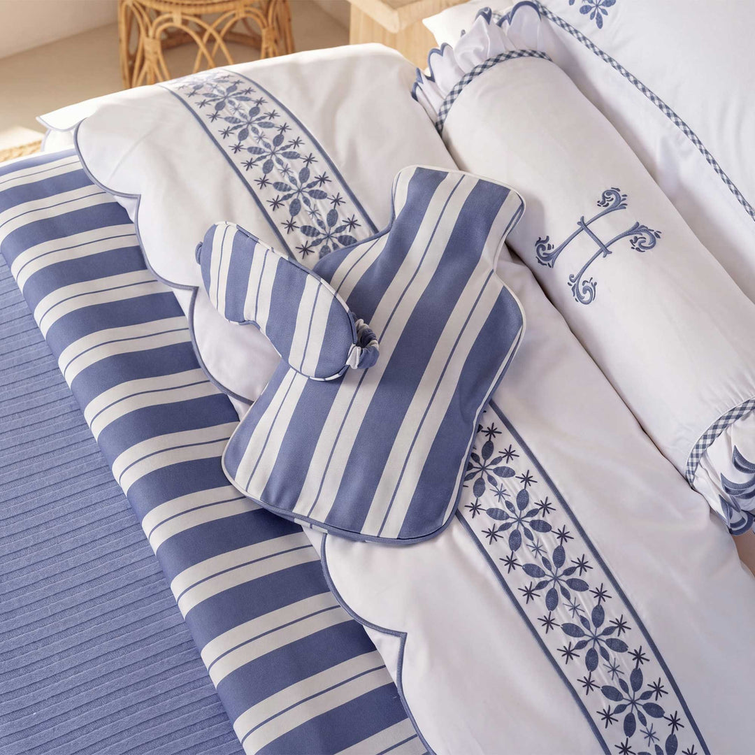 Seferî Ottoman Stripe Dream Set Hot Water Bottle & Sleep Mask - White/Blue